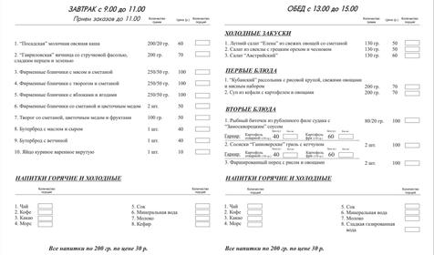 Меню обеденного зала Гостевых домов Рассказова, г. Геленджик, с. Архипо-Осиповка