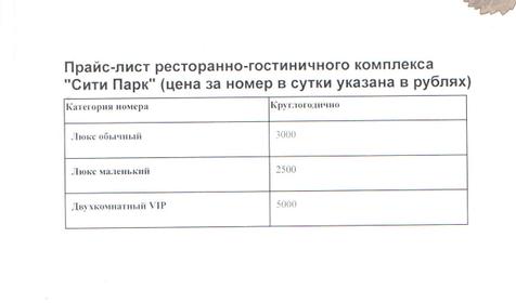 Прайс-лист ресторанно-гостиничного комплекса "Сити Парк"