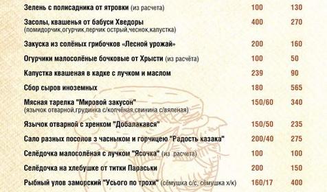 Меню. кафе Казачья харчевня Темрюкский р-н, ст. Голубицкая