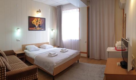 Стандарт четырехместный с общим балконом с видом на бассейны, Корпус 2 (№204)